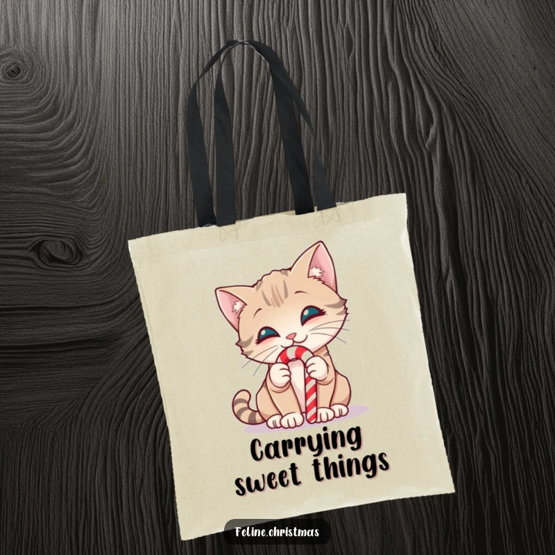 Funny tote bag with a smiling cat curiously sniffing a candy cane, perfect for holiday errands.
