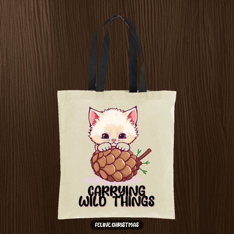 Funny fluffy kitten pouncing on a rolling pinecone, a humorous tote bag for everyday adventures.