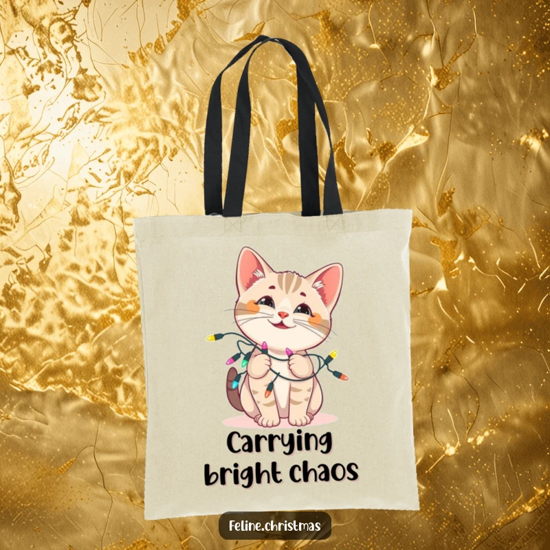 Funny cat tote bag: a playful kitten is hilariously tangled in a string of festive Christmas lights, creating a charming scene.