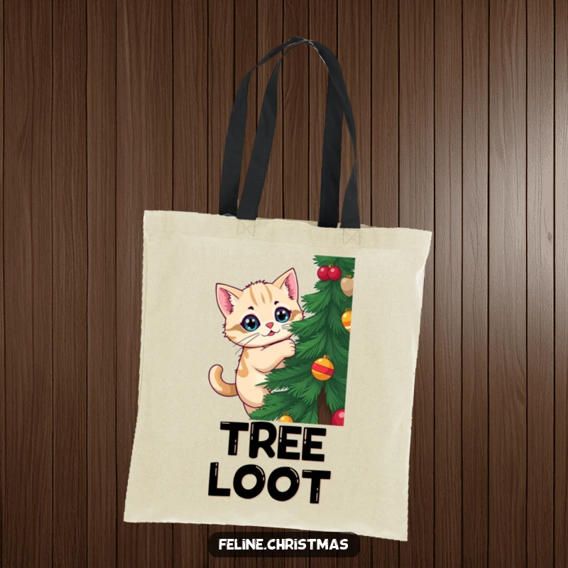 Funny Kawaii Cat Tote Bag: A cat attempts to climb a Christmas tree, bringing funny holiday mischief to your everyday carry.