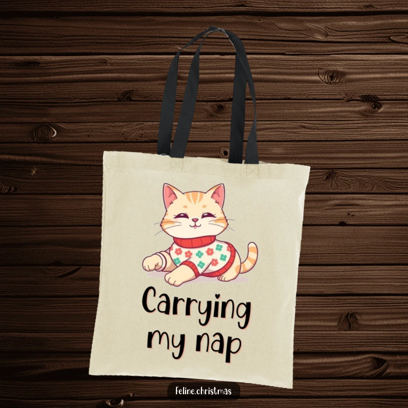 Funny tote bag with a cute cat in a festive sweater, stretching casually, perfect for everyday use.
