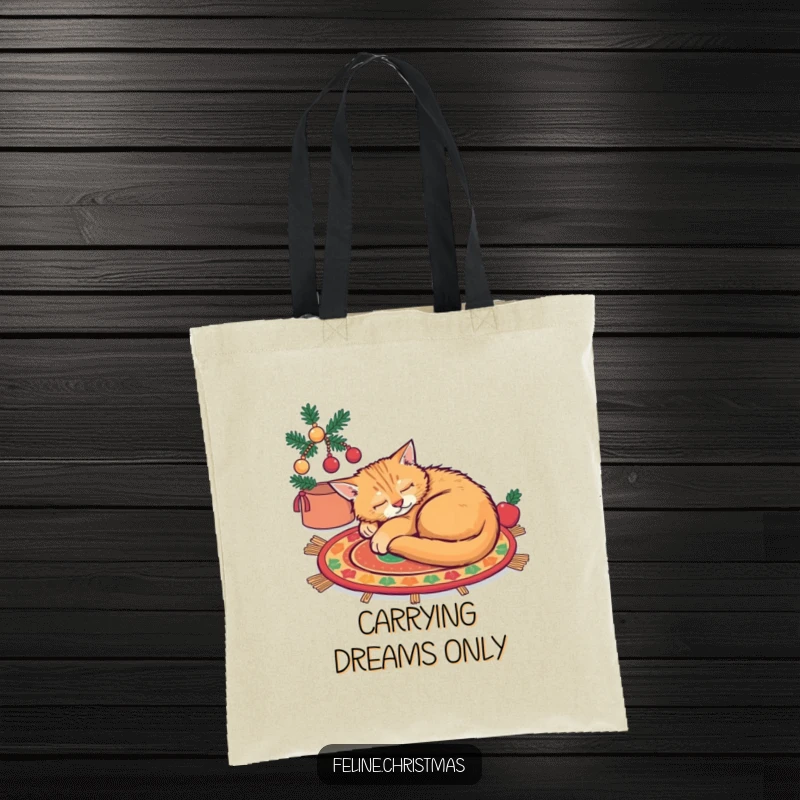 Funny ginger cat sound asleep on a festive rug, a humorous tote bag for everyday use.
