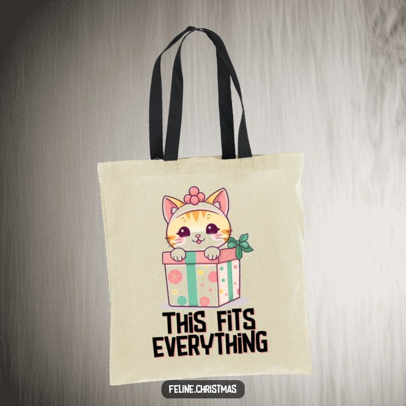 Funny kawaii cat peeking out from a decorated gift box, on a durable and stylish tote bag.