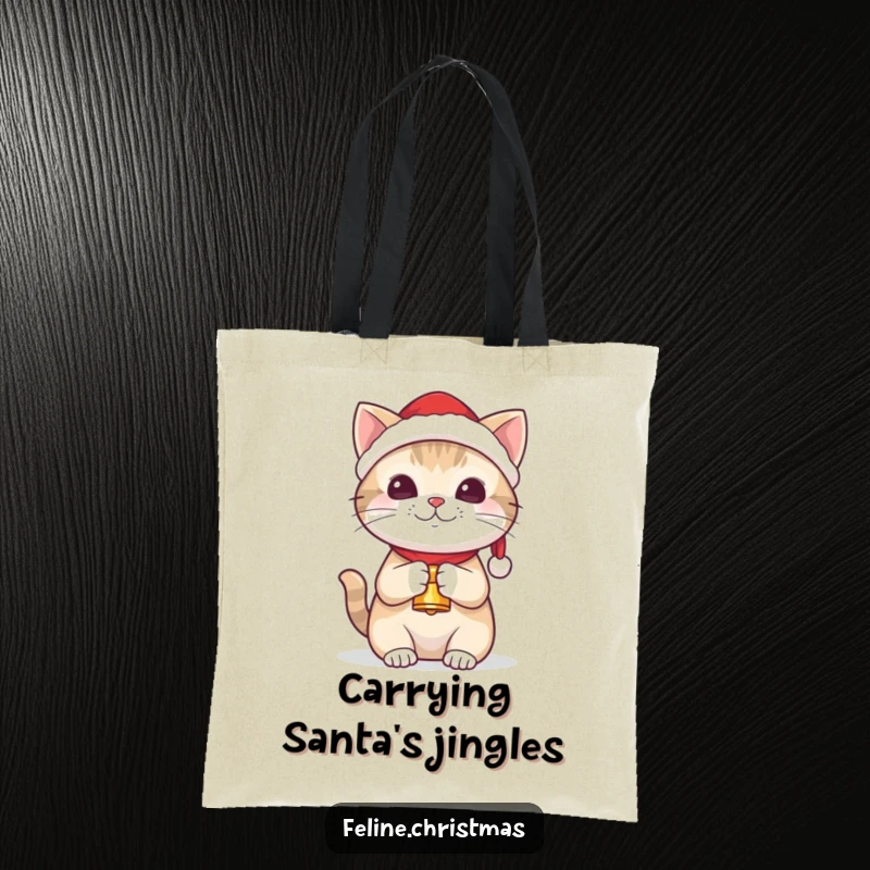 Funny kawaii cat wearing a Santa hat and holding a tiny bell, on a durable and stylish tote bag.