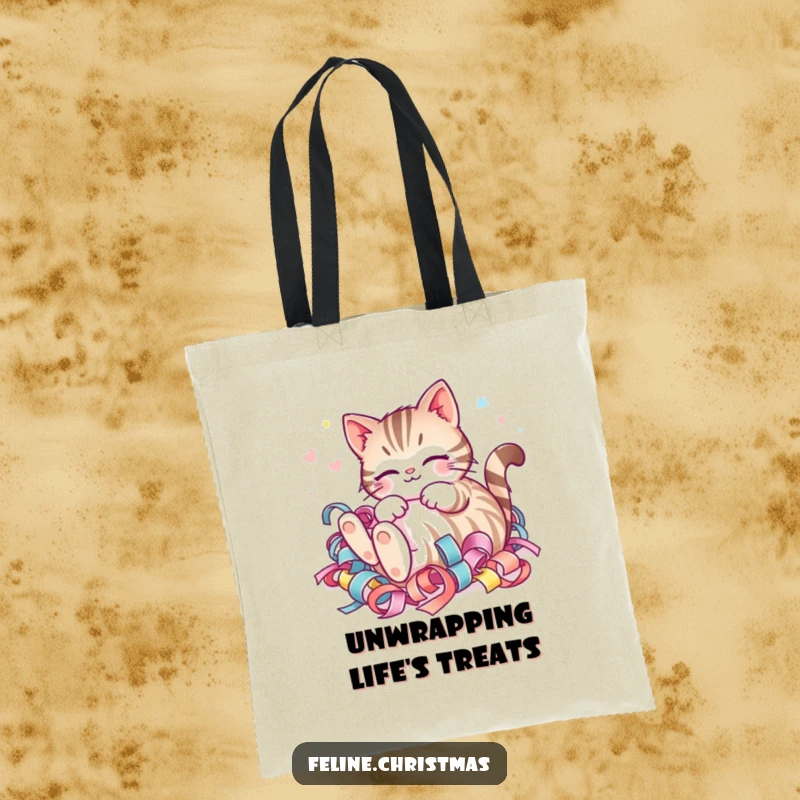 Funny Kawaii Striped Cat Ribbon Tote Bag: A happy cat joyfully rolling in festive ribbon, perfect for holiday shopping.