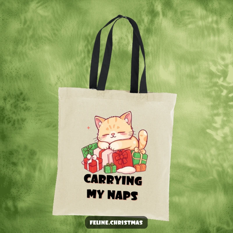 Funny cat tote bag: a content kitten naps on a soft pile of red and green Christmas presents, embodying holiday relaxation.