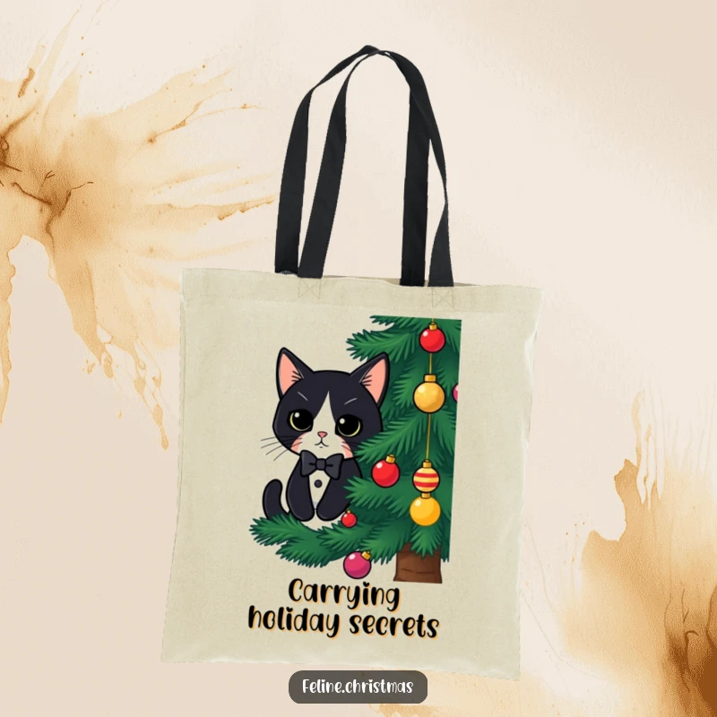 Funny tuxedo cat Christmas tote bag, a cute cat peeking from behind a tree, perfect for carrying holiday goodies.