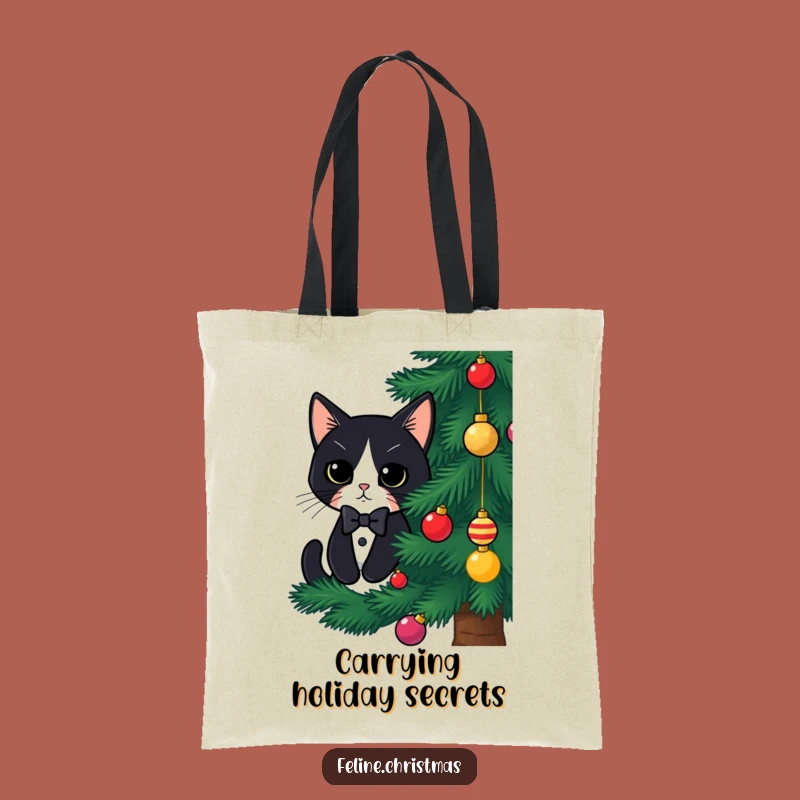 Funny Tuxedo Cat Christmas Tote Bag: Hidden Kitty Behind Tree, Festive Holiday Gift