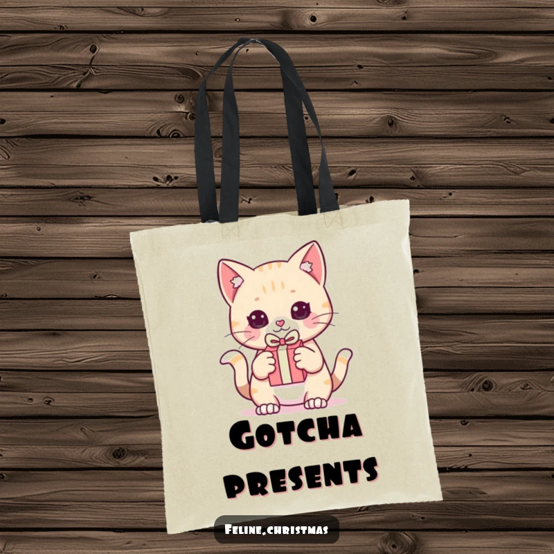 Funny Tote Bag: Kawaii cat holding a tiny present, looking ready to pounce with playful determination and cuteness.