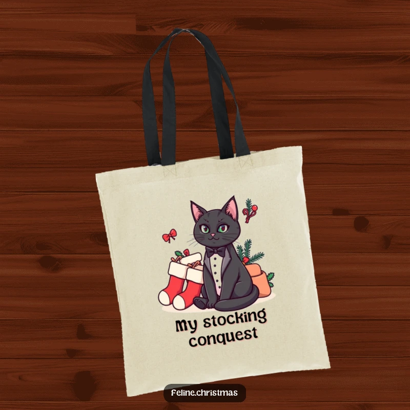 Funny tote bag showcasing a regal tuxedo cat sitting beside a whimsical pile of holiday stockings, conveying a funny, elegant vibe.