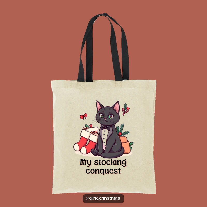 Funny Cat Tote Bag: Regal Tuxedo Cat & Stocking Haul